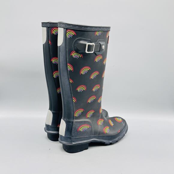 Hunter Boots Kids Girls 1 Black Rainbow Print Tall Wellington Buckle Rain Shoes - Picture 7 of 11